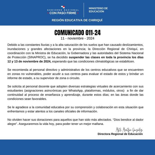 MEDUCA suspende clases en Chiriquí este 12 y 13 de noviembre