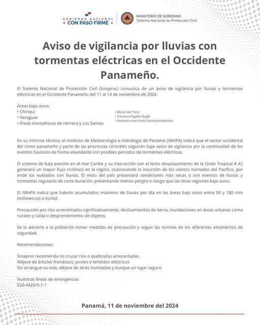 Aviso de vigilancia por lluvias hasta el 14 de noviembre