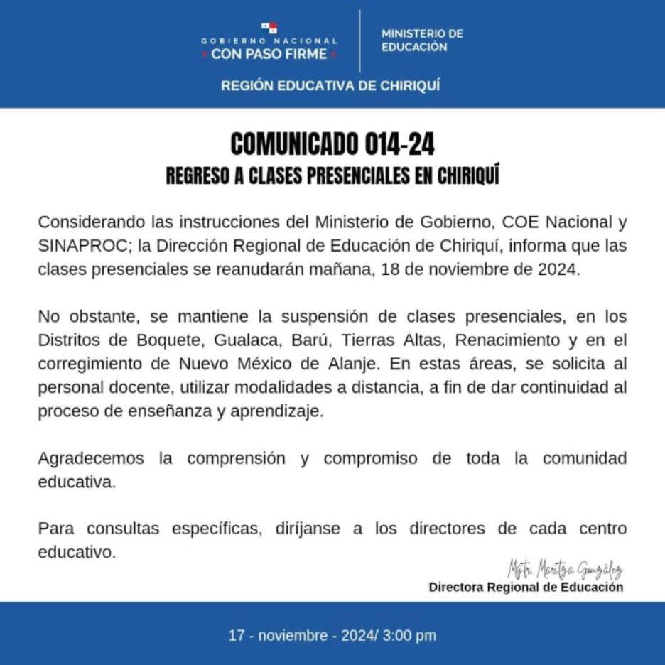 Reinician Clases presenciales en algunos centros escolares de Chiriquí