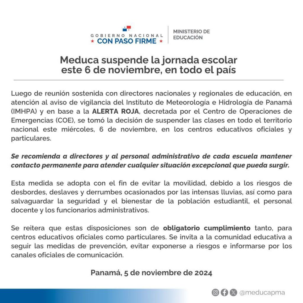 Suspenden clases este 6 de noviembre