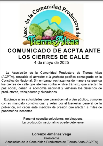 Productores de Tierras Altas rechazan cierres de calles y exigen garantizar el libre tránsito