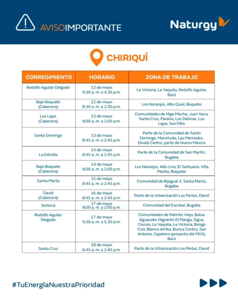 Anuncian cortes de energía en Boquete