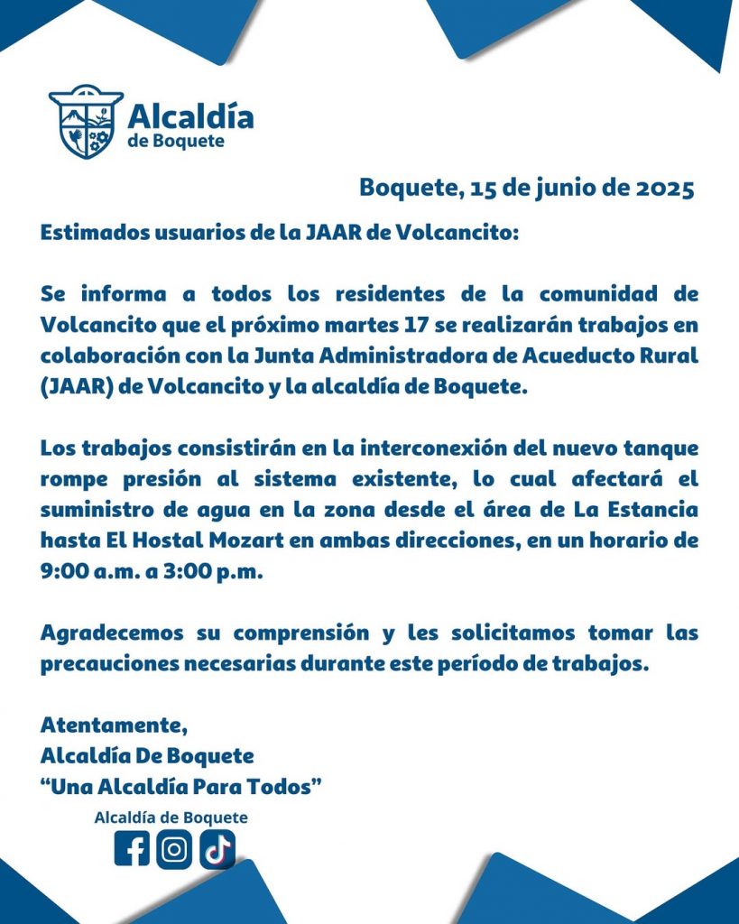 Trabajos en sistema de acueducto rural afectarán el suministro en Volcancito este martes 17