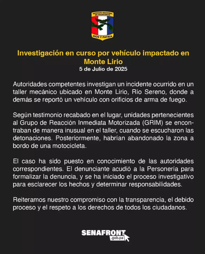 SENAFRONT investigará incidente con disparos en taller de Monte Lirio, Río Sereno