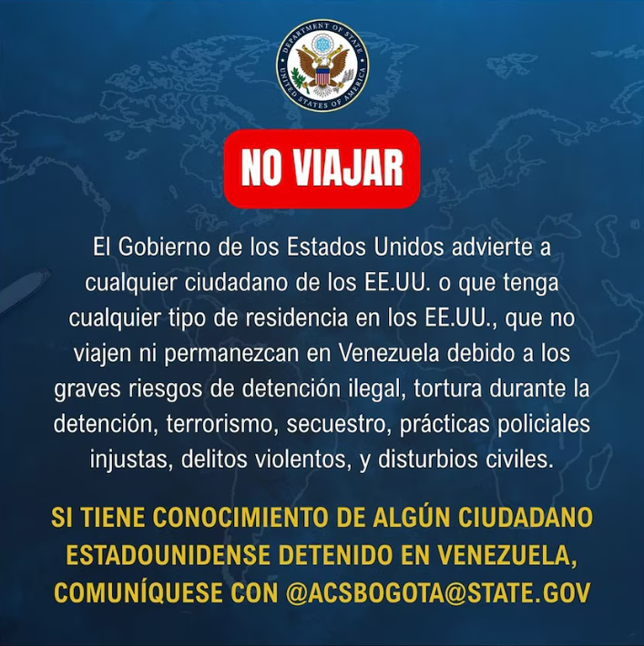EE.UU. emite alerta máxima y pide a sus ciudadanos no viajar a Venezuela
