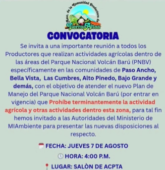 Productores de Tierras Altas convocados a reunión sobre nuevas restricciones en el Parque Volcán Barú