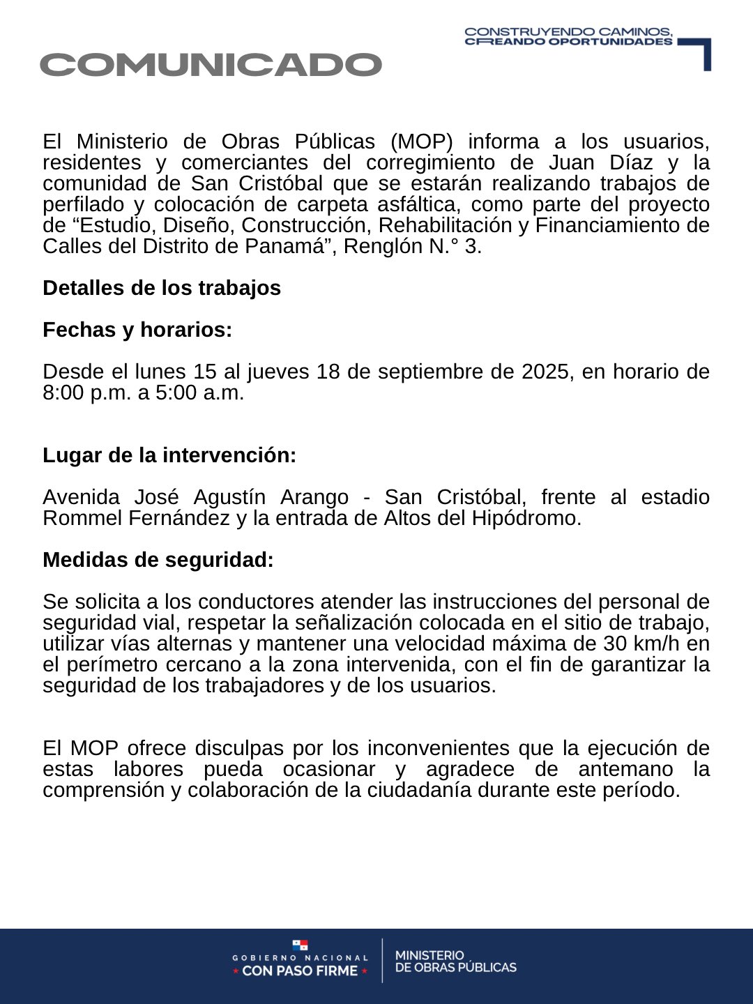 MOP inicia trabajos en la Avenida Buenos Aires de Boquete este miércoles
