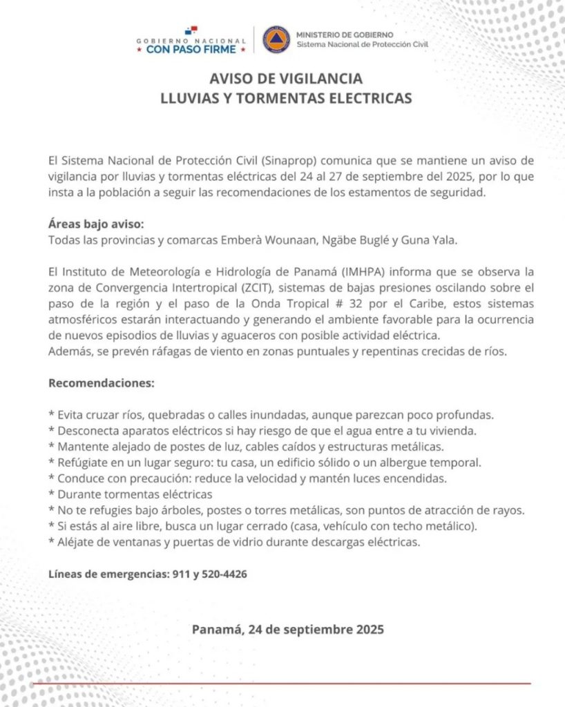 Sinaproc emite aviso de vigilancia por fuertes lluvias y tormentas eléctricas en Panamá