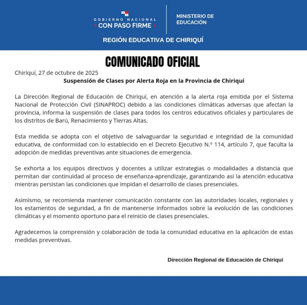 Fuertes lluvias provocan afectaciones y suspensión de clases en el occidente de Chiriquí