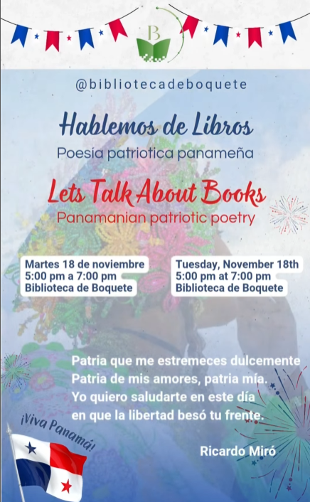 Biblioteca de Boquete celebrará la poesía patriótica panameña en “Hablemos de Libro”