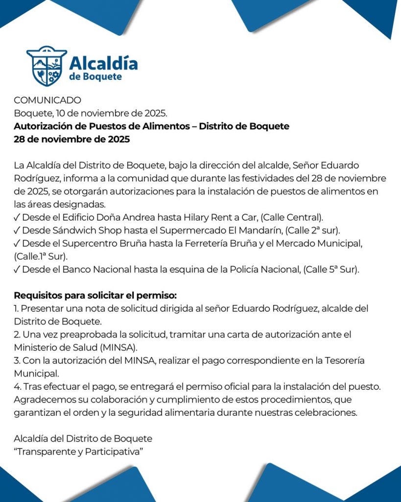 Alcaldía de Boquete anuncia requisitos para puestos de comida durante las fiestas del 28 de noviembre