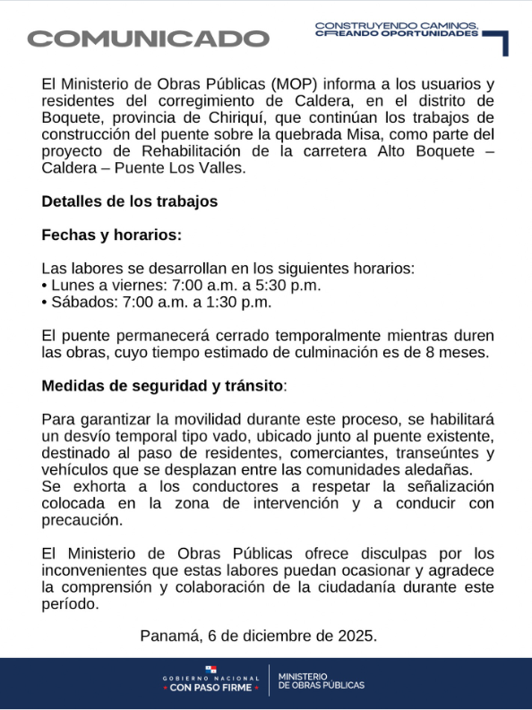 Habilitan vado provisional en Caldera mientras avanzan obras en puente de Quebrada Misa