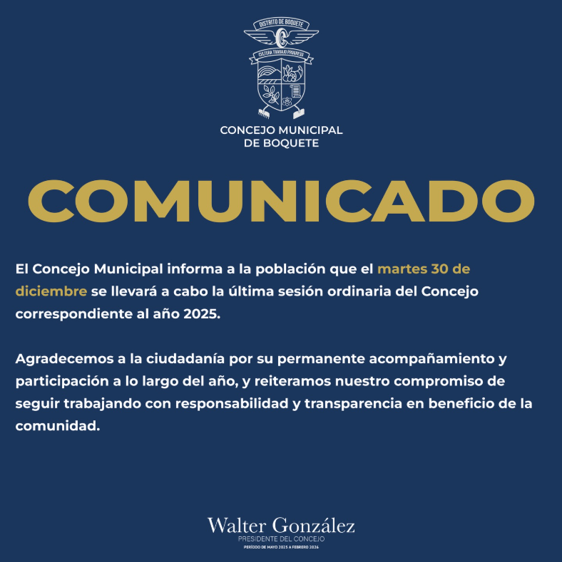 Consejo Municipal de Boquete realizará su última sesión ordinaria de 2025 el 30 de diciembre