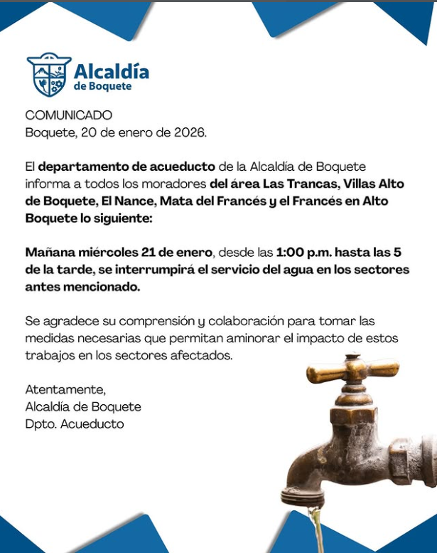Suspensión temporal del servicio de agua en sectores de Alto Boquete por trabajos en el acueducto
