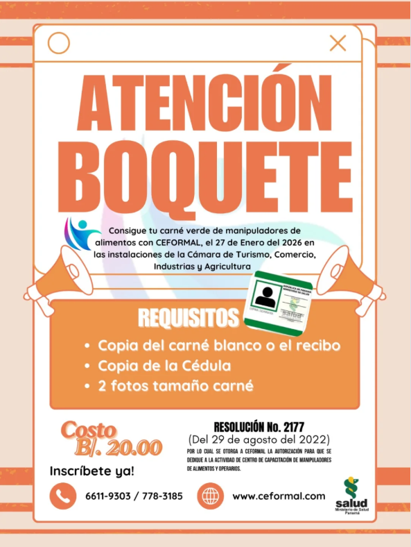 Boquete realizará capacitación para manipuladores de alimentos este 27 de enero