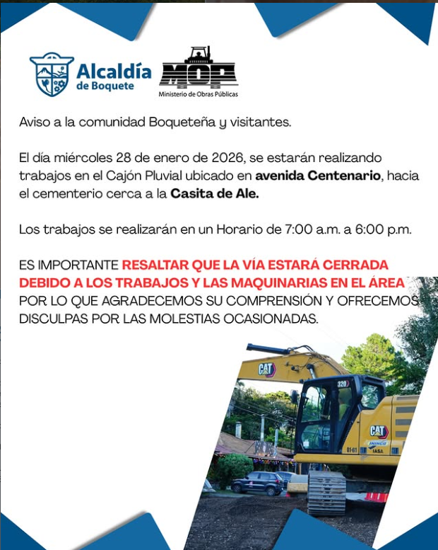 Cierre temporal de vía en Boquete por trabajos en cajón pluvial