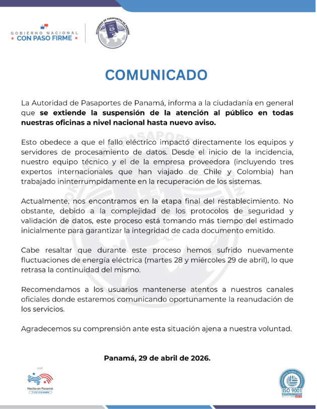 Autoridad de Pasaportes extiende suspensión de atención al público por fallas eléctricas en sus sistemas