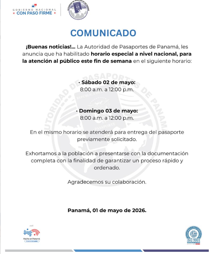 Autoridad de Pasaportes habilita horario especial el 2 y 3 de mayo por alta demanda
