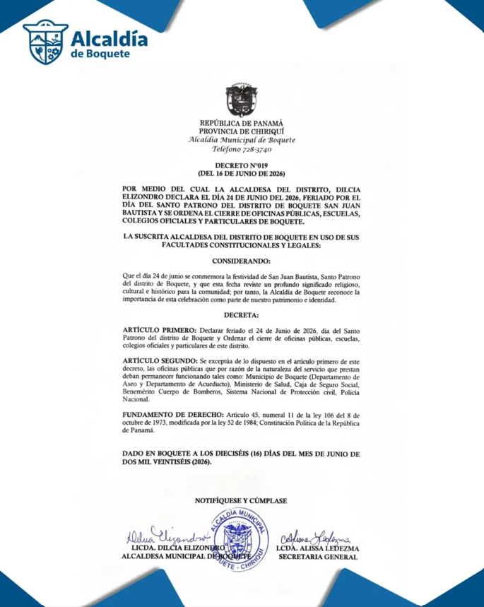 Boquete celebrará el 24 de junio con feriado distrital y actividades patronales