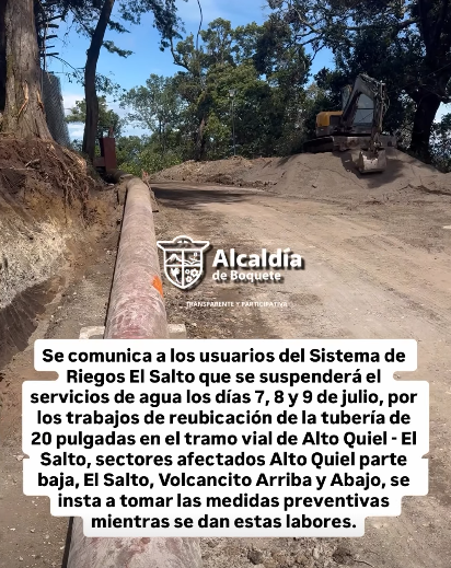 Trabajos en tubería de riego afectarán suministro de agua en comunidades de Boquete