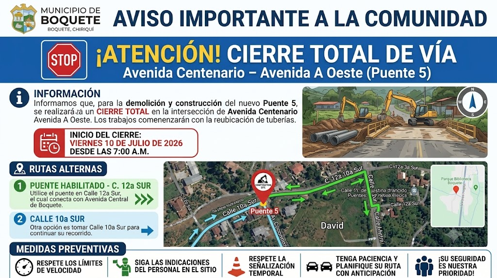 Cierran la vía Centenario en Boquete por trabajos de rehabilitación del Puente 5