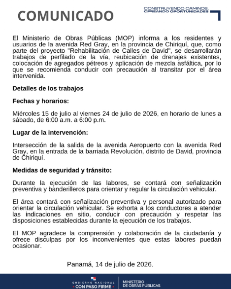 MOP anuncia trabajos viales en la entrada de la barriada Revolución en David