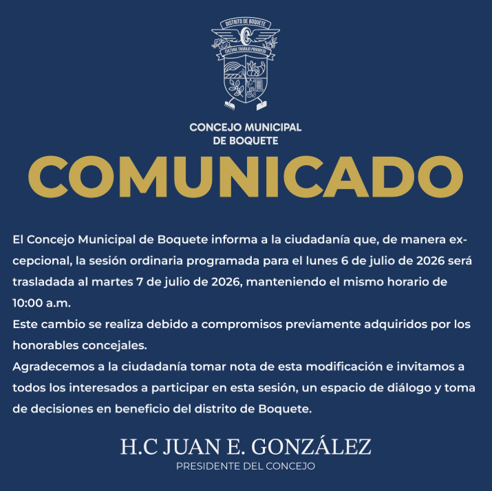 Consejo Municipal de Boquete reprograma sesión para el martes 7 de julio