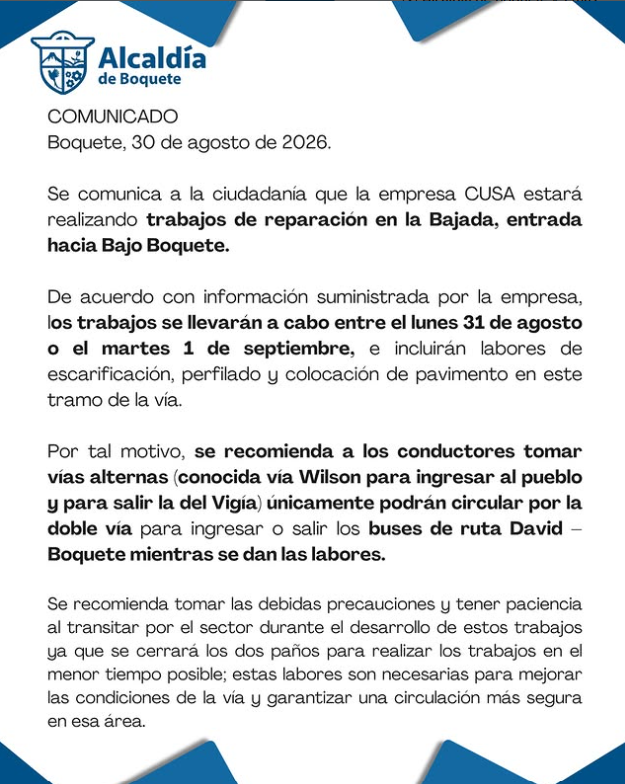 CUSA realizará trabajos viales en la entrada de Boquete