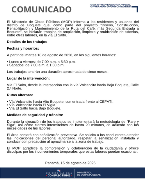 Solicitan precaución en zonas de trabajos viales en Boquete