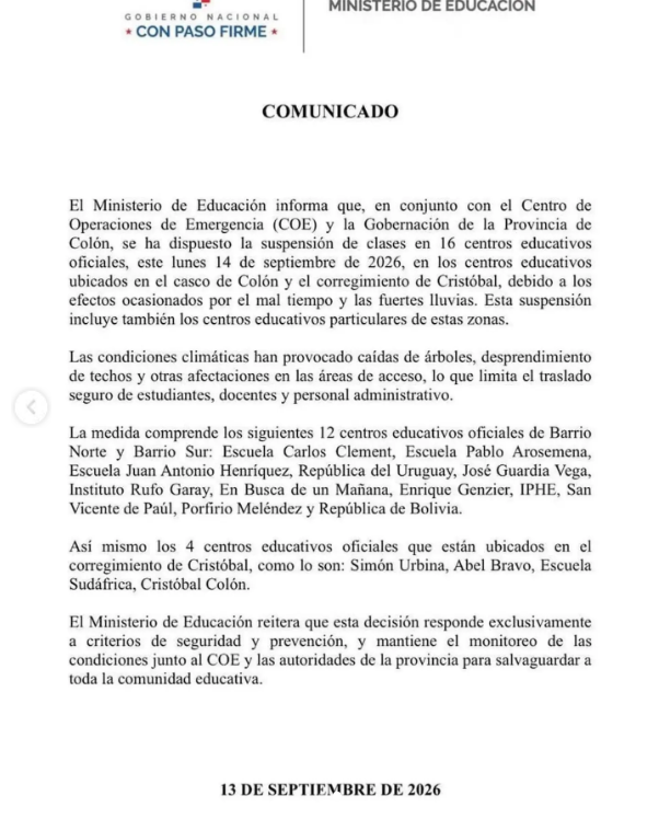 MEDUCA suspende clases en 16 centros educativos de Colón por fuertes lluvias y afectaciones