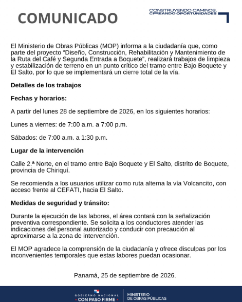 Cierran vía hacia El Salto por trabajos de mejoramiento pluvial en Boquete