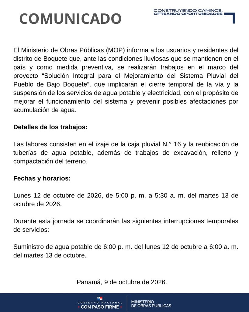 MOP anuncia cierre vial y suspensión temporal de agua y electricidad en Bajo Boquete